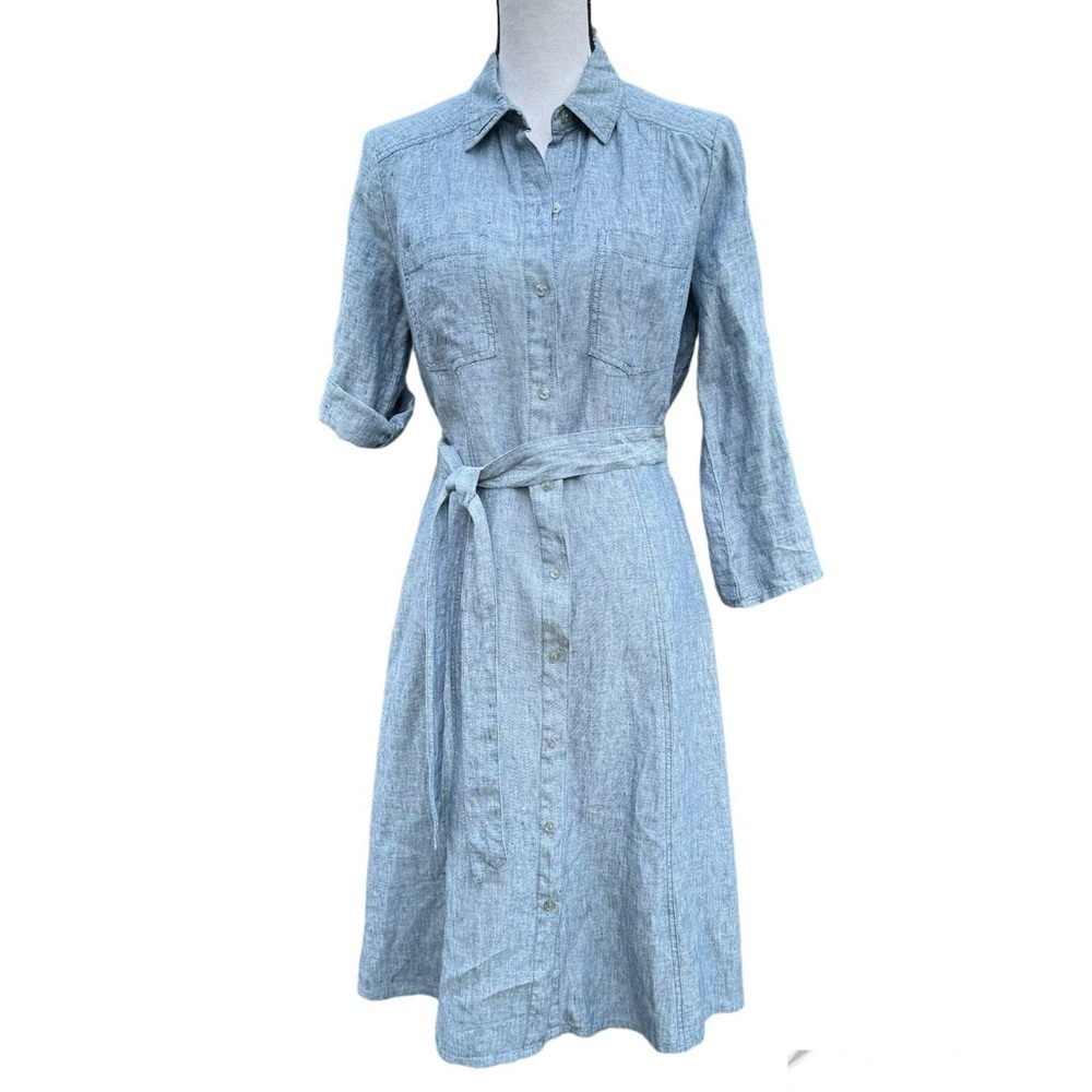 Max Studio Linen Blue Belted Button Down Shirt Dress Size Small